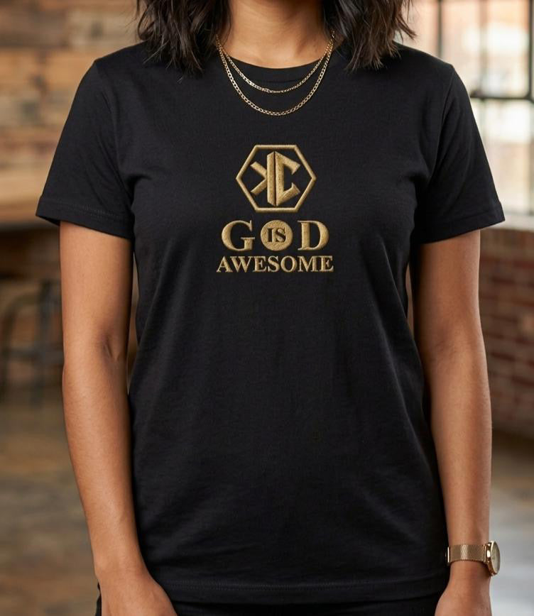GOD IS AWESOME, SHORT SLEEVE UNISEX BLACK TEE. ( EMBROIDERY )